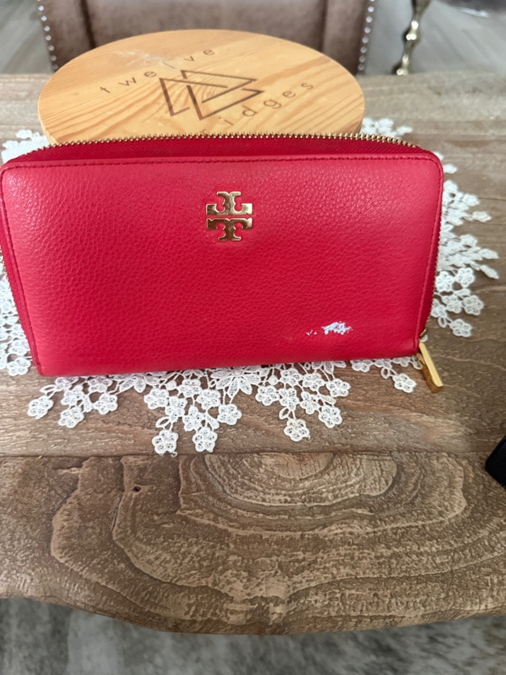 Tory Burch Red Pebbled Zip Wallet with Gold Logo